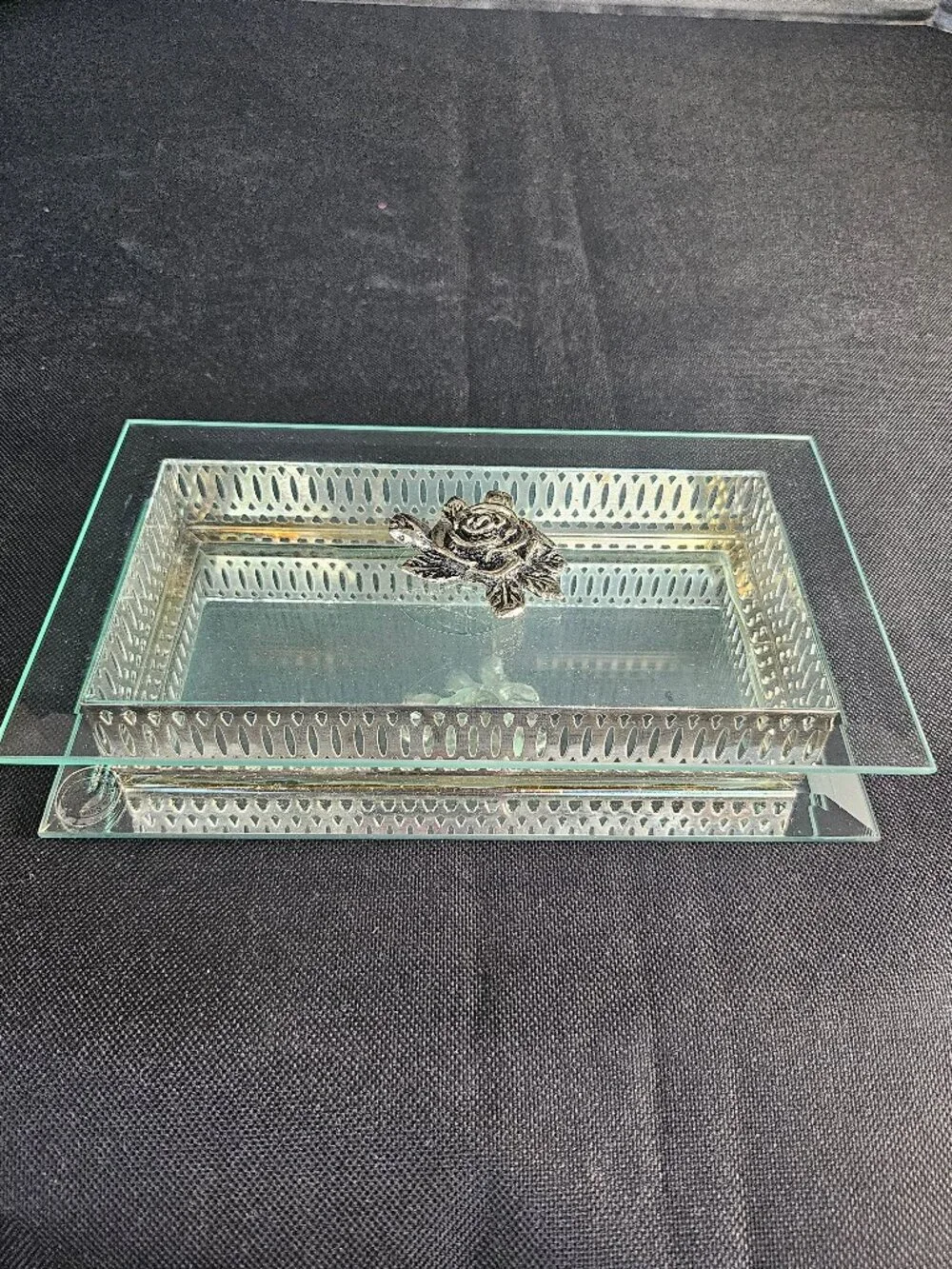 Davco Silver Ltd. Ornate Silver Filigree Mirrored Glass Jewelry Trinket Box